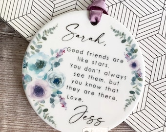 Personalised Friend gift Good friends are like stars Quote Mauve Mint floral Ceramic or acrylic Round Decoration Ornament Wedding Keepsake