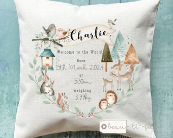 Personalised New Baby Girl Boy Gift Woodland Animals Linen Style Cushion - Newborn - Birth - Baby Boy Girl Niece Goddaughter Neutral gift