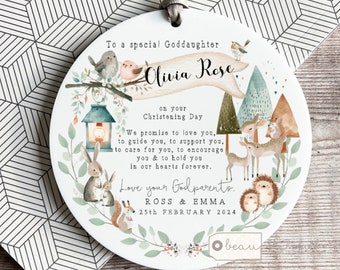 Personalised Promise to Godchild Christening Baptism Gift Baby Goddaughter Grandson Boy Girl Woodland Ceramic or acrylic Ornament Keepsake