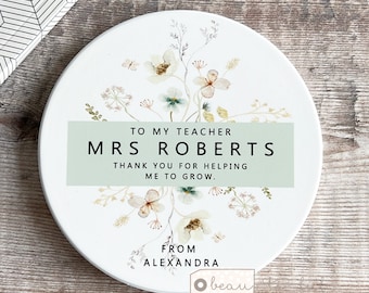 Personalised Teacher Teaching assistant tutor mentor childminder nursery teacher Floral Greenery Round Ceramic Coaster Home gift