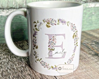 Personalised Name and initial Lilac Floral Greenery Wreath Ceramic Mug - Tea mug - coffee Mug - Gift mug Birthday gift friend gift mum