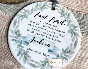 Personalised Thank you Godmother Godfather Godparents Gift Christening Baptism Quote Greenery Ceramic or Acrylic Round Ornament Keepsake