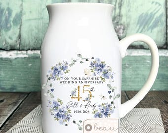 Personalised Sapphire Wedding Anniversary gift 45th 45 Ruby Silver Golden Diamond Anniversary gift Floral Ceramic Small Vase Jug Mug