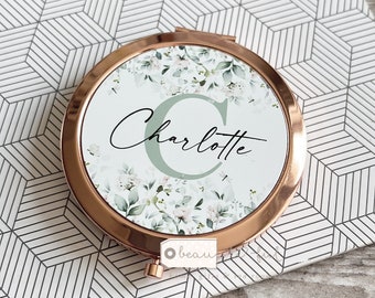 Personalised Birthday friend Female relative mum auntie gran sister gift Floral Round Rose Gold Compact Pocket Mirror Keepsake