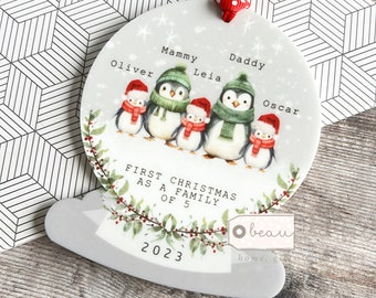 Personalised 1st Christmas gift First Christmas as a family of 5 Five Penguin Acrylic Snowglobe shape Ornament Keepsake Boy gift child gift