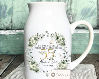 Personalised Emerald Wedding Anniversary gift 55th 55 Ruby Silver Gold Diamond Ruby Anniversary gift Floral Ceramic Small Vase Jug Mug