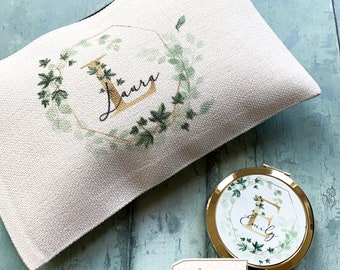 Personalised Name and Initial Ivy Foliage Greenery Design Linen style Fabric Make up Bag Birthday gift for her mum sister friend