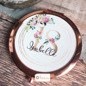 Personalised Name Age  Milestone 18 21 30 40 50 60 Pink floral Greenery Round Rose Gold Compact Pocket Mirror Keepsake