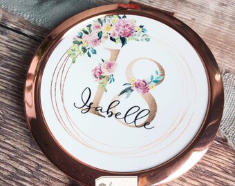 Personalised Name Age  Milestone 18 21 30 40 50 60 Pink floral Greenery Round Rose Gold Compact Pocket Mirror Keepsake