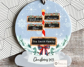 Personalised Family Christmas Gift snow scene Signpost Design Acrylic Snowglobe Ornament Keepsake Bauble Family gift