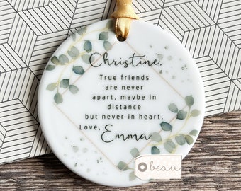 Personalised Friend gift True friends are never far apart Quote Greenery Design Ceramic or Acrylic Round Decoration Ornament Keepsake