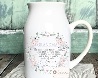 Personalised Mum Nanna Nanny Granny Grandma Auntie Sister Quote Home Wildflower Pinks Lilac Floral Ceramic Small Vase Jug Mug Birthday gift