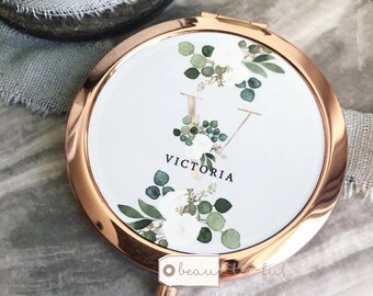Personalised Name Greenery Round Rose Gold Compact Pocket Mirror Keepsake
