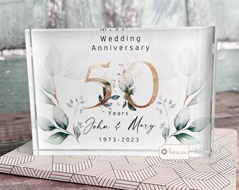 Personalised Wedding Anniversary Gift Names Mr & Mrs 25th 50th 1st 40th Greenery Freestanding Crystal block Decoration Ornament Keepsake