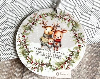 Personalised 1st First Christmas as Grandparents Auntie Uncle Grandma Nanny Baby Reindeer deer Jumpers Acrylic Or ceramic Ornament Keepsake