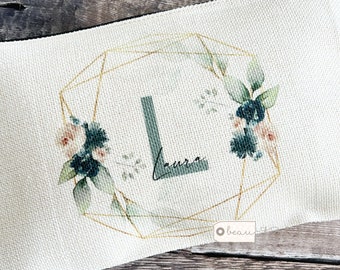 Personalised Name and initial Blue Blush Floral Eucalyptus Design Linen style Fabric Make up Bag Birthday gift for her mum sister friend
