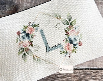 Personalised Name and initial Blue Blush Floral Eucalyptus Design Linen style Fabric Make up Bag Birthday gift for her mum sister friend
