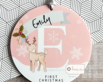 Personalised 1st Christmas Baby Babies Baby’s First Christmas Deer Design Acrylic Round Ornament Keepsake Boy gift child gift