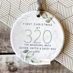 Personalised First Christmas at Address New Home House gift Housewarming gift Greenery Design Ceramic or Acrylic Round Ornament Keepsake
