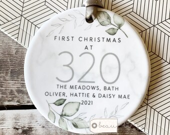 Personalised First Christmas at Address New Home House gift Housewarming gift Greenery Design Ceramic or Acrylic Round Ornament Keepsake