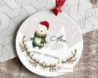 Personalised Merry Christmas Gift Newborn Polar bear Santa hat jumper Scene Design Ceramic or acrylic Ornament Keepsake