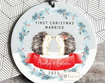 Personalised 1st First Christmas Together Engaged Married Couple Gift Hedgehog Design Ceramic or Acrylic Round Ornament Keepsake Bauble