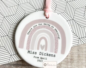 Personalised Thank you teacher teaching assistant nursery teacher Pastel Rainbow Ceramic or acrylic Round Decoration Ornament Keepsake