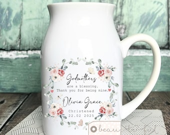 Personalised Godmother Godfather Godparents Gift Thank you Christening Baptism Quote Greenery Blush Floral Small mug jug vase gift