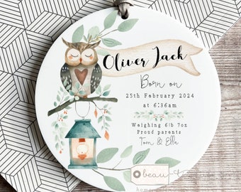 Personalised New Baby Boy Girl Gift Welcome to the world Newborn Woodland owl Ceramic or acrylic Ornament Keepsake Godchild Grandchild