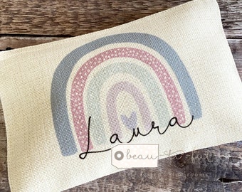 Personalised Name Pink Lilac Rainbow Design Linen style Fabric Make up Bag Birthday gift for her mum sister friend