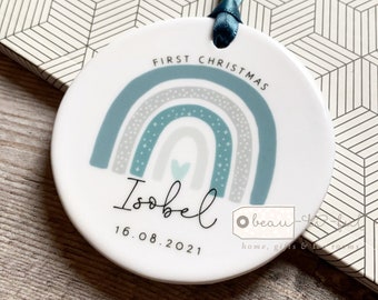 Personalised First Christmas Baby Baby’s Boy Girl Gift Tree Bauble Newborn Rainbow Design Ceramic or Acrylic Round Ornament Keepsake