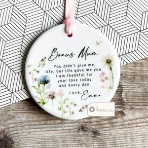 Personalised Bonus Mum Mom Stepmum stepmom Gift Like a mum Thank you gift Floral Greenery Ceramic or Acrylic Round Ornament Wedding Keepsake