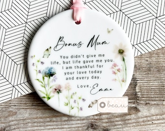 Personalised Bonus Mum Mom Stepmum stepmom Gift Like a mum Thank you gift Floral Greenery Ceramic or Acrylic Round Ornament Wedding Keepsake
