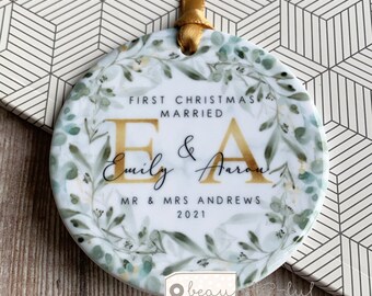 Personalised First Christmas Married Wedding gift Mr Mrs Newlywed Eucalyptus Wreath Design Ceramic or Acrylic Round Ornament Keepsake