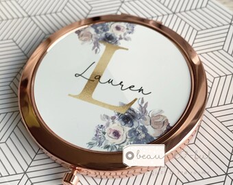 Personalised Name Mauve Pink Floral Round Rose Gold Compact Pocket Mirror Keepsake