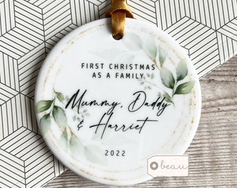 Personalised 1st First Christmas as a family Mummy Daddy Mammy Mommy New Baby Botanical Greenery Design Ceramic Round Ornament Keepsake