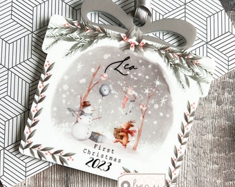 Personalised Baby’s First Christmas New Baby Boy girl blue pink snowman gift Design Acrylic present shaped Ornament tree Keepsake bauble