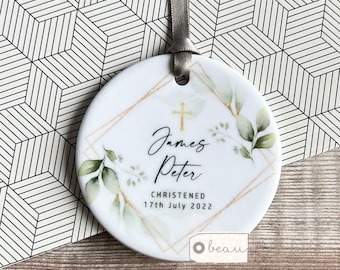 Personalised Christening Baptism gift Baby Boy Girl Geometric Greenery Design Ceramic or Acrylic Round Ornament Keepsake