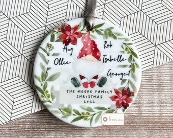 Personalised Christmas Family Gift Signpost Santa Gnome Design Ceramic or acrylic Round Ornament Keepsake