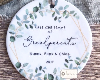 Personalised First Christmas as Grandparents Gran Grandma Nanna New Baby Geometric Greenery Design Ceramic Round Ornament Keepsake