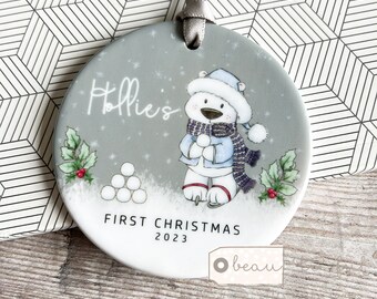 Personalised 1st First Christmas Gift Tree decoration polar bear Santa hat Acrylic or ceramic Round Ornament Keepsake Tree Decoration gift