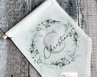 Personalised Name and initial Greenery Wreath Design Home Quote Linen Style Pennant Flag Room Decor