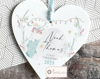 Personalised Baby First Christmas Gift Baby’s 1st Boy Girl Christmas gift Blue Stocking Wreath Bauble heart Ornament Keepsake New Baby gift