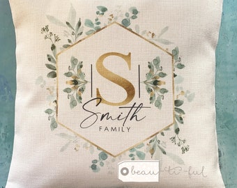 Personalised Family Name Home Quote Geometric Greenery Design Home Quote Linen Style Cushion cover