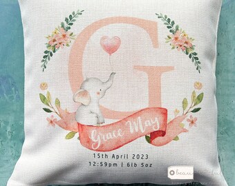 Personalised New Baby Girl Gift Peach Elephant Design Home Quote Linen Style Cushion cover - Newborn - Birth - Baby Girl Niece Goddaughter