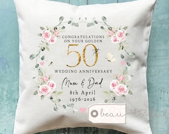 Personalised Golden Gold Wedding anniversary cushion Gold Anniversary Personalised gift 50th 50 gift Anniversary Cushion Ruby Emerald Silver