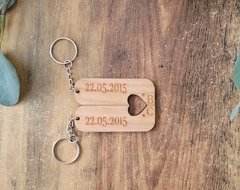 Wood Anniversary Gift for Couples | Wood Anniversary | Personalised Pair of Keyrings | Custom Date & Initials | Engraved Key Fob Keepsake