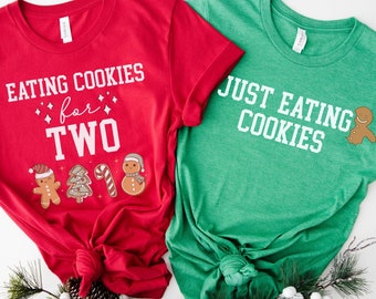 Eating Christmas Cookies For Two,Couples Christmas Pregnancy Announcement Shirt,Maternity Christmas Tee,Baby Reveal Shirt,Pregnant Christmas