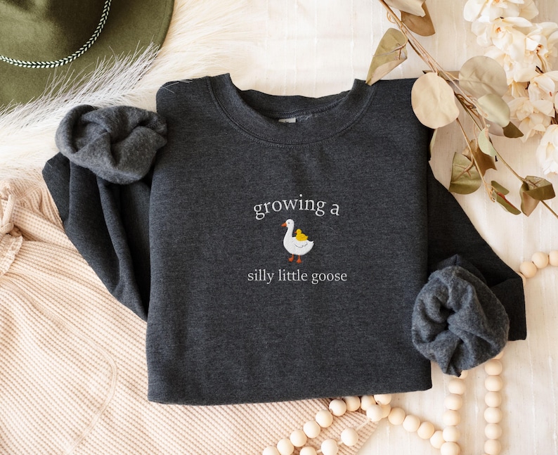 K&ouml;nnte beinhalten: Dunkelgraues Sweatshirt mit dem Text "growing a silly little goose" und einer G&auml;nse-Cartoon-Grafik. Die Gans ist wei&szlig; mit gelbem L&auml;tzchen und orangefarbenen F&uuml;&szlig;en. Das Sweatshirt ist auf einer cremefarbenen Oberfl&auml;che gefaltet.