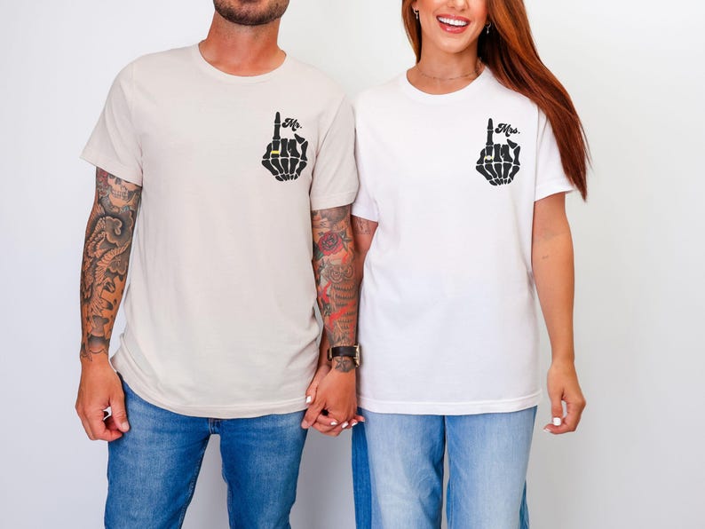 Gothic Mr and Mrs Shirts,Newlywed Gifts,Married AF Tees,Edgy Just Married Shirt,Skeleton Wedding,Goth Newlyweds,Halloween Bride Gift Natural